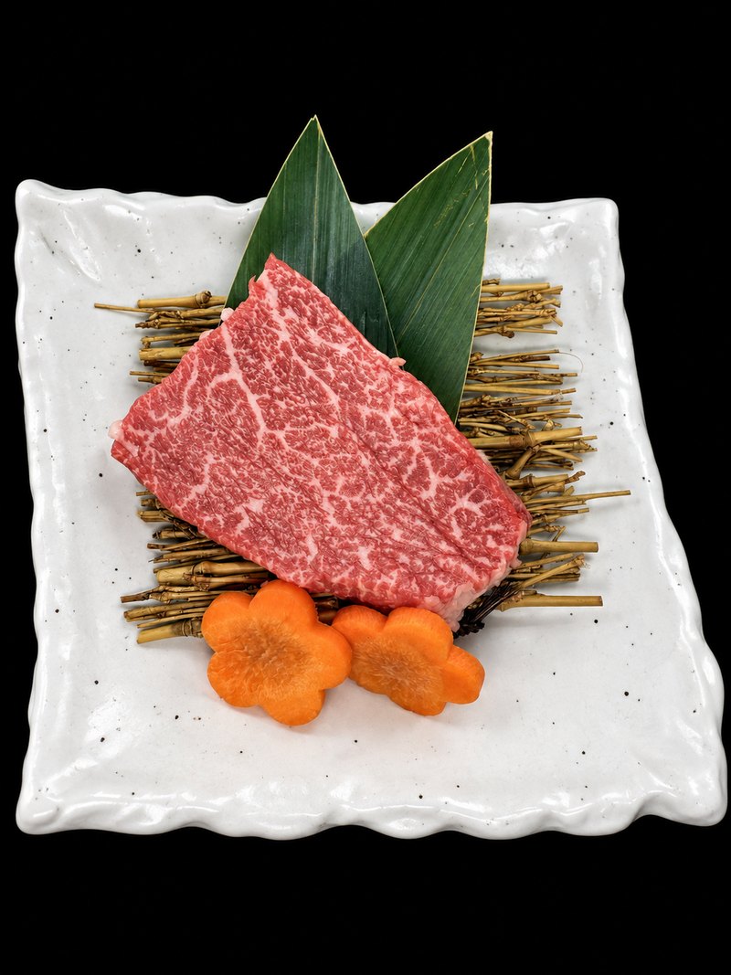 白い角皿に、笹の葉と藁を敷いて載せた霜降りの厚切り肉