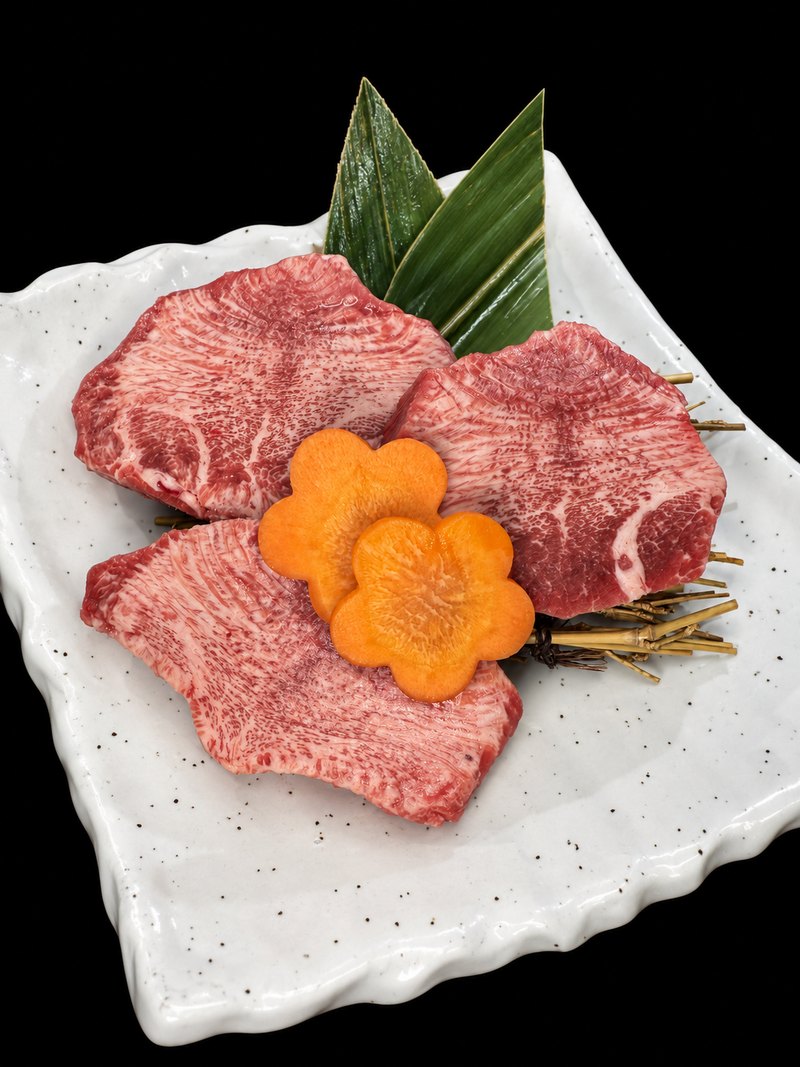 白い角皿に、霜降りの肉を三切れ並べ、にんじんの飾り切りを添えた一皿