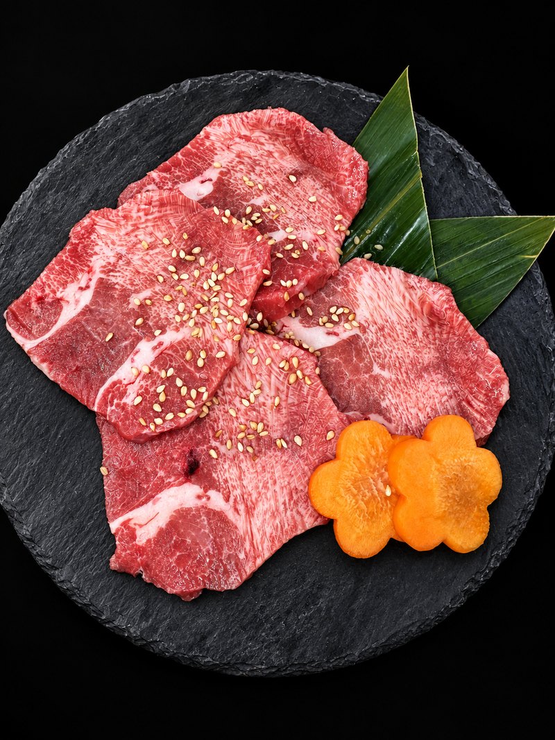 丸い黒石の皿に、白ごまを振った肉を重ねて盛り付けた一皿