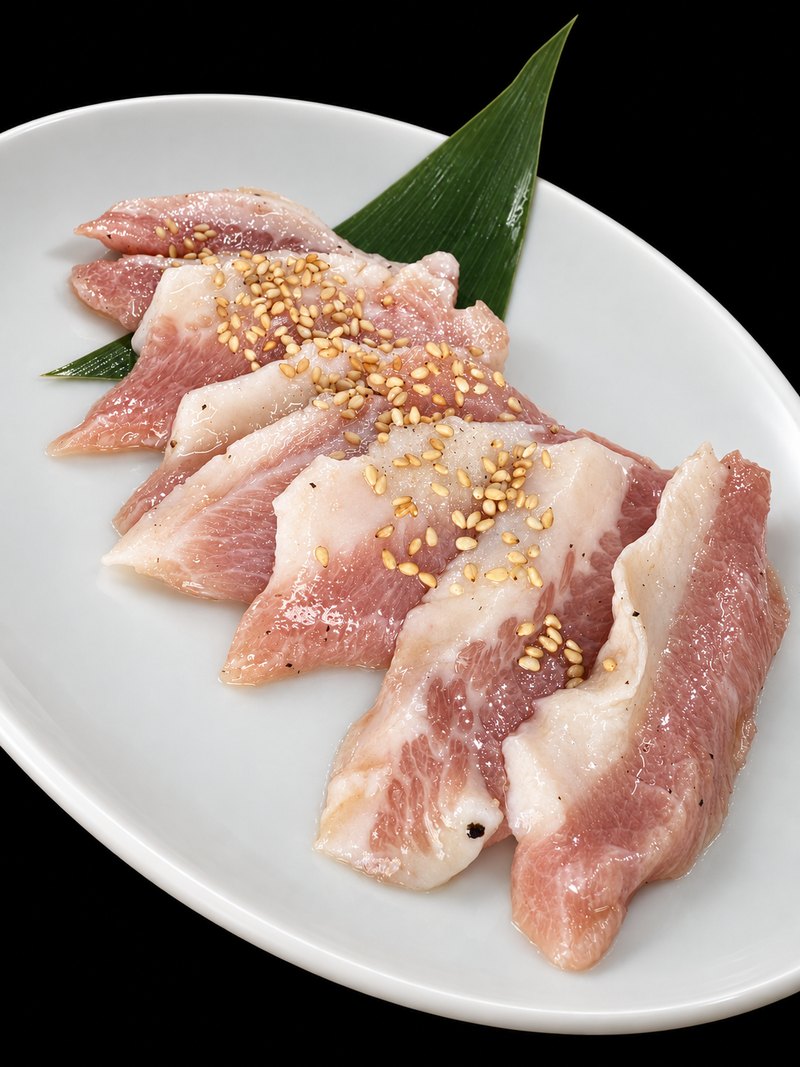 白い楕円皿に、白い脂の多い肉を重ねて並べ、ごまを振った一皿