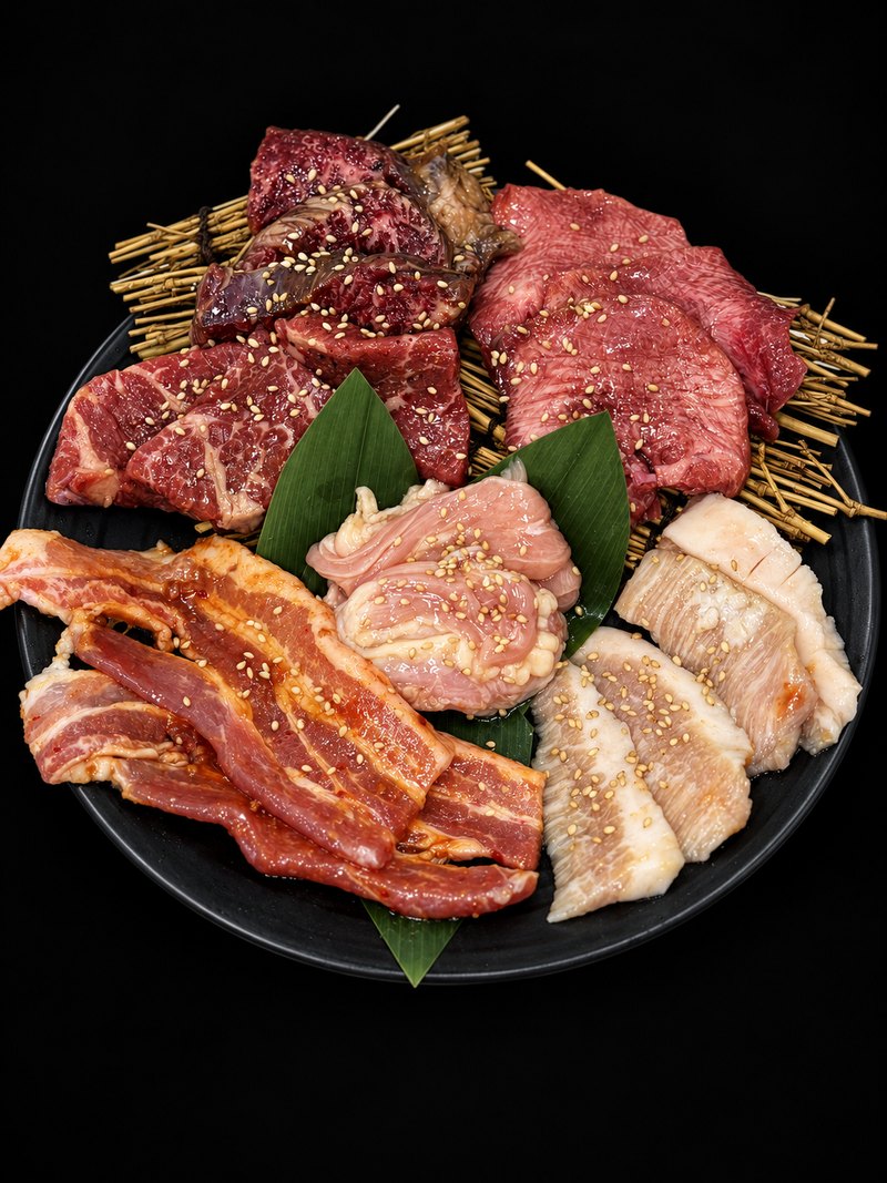 黒い大皿に、赤身・白い脂の肉・薄切りの肉などを放射状に盛り合わせた一皿